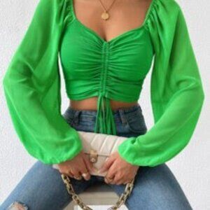 NWOT Amazon Green Ruched Statement Sleeve Cropped Blouse / Festival / Y2K